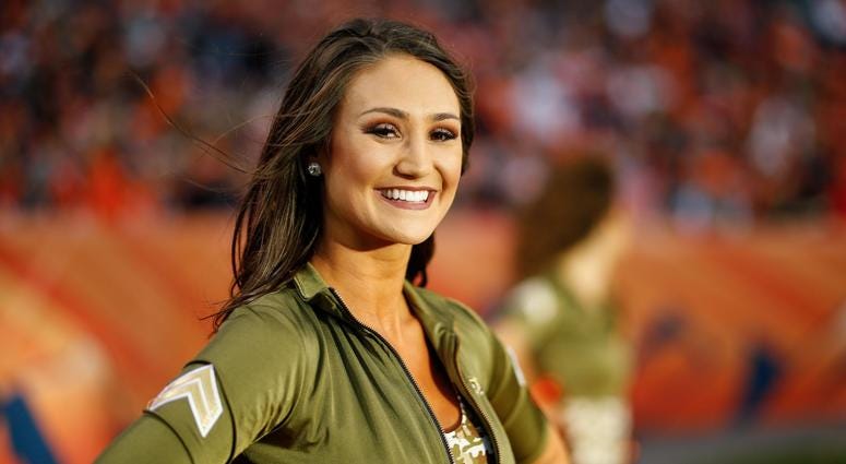 Nov 4, 2018; Denver, CO, USA; A Denver Broncos cheerleader in the third quarter against the Houston Texans at Broncos Stadium at Mile High. Mandatory Credit: Isaiah J. Downing-USA TODAY Sports Nov 4, 2018; Denver, CO, USA; A Denver Broncos cheerleader in the third quarter against the Houston Texans at Broncos Stadium at Mile High. Mandatory Credit: Isaiah J. Downing-USA TODAY Sports