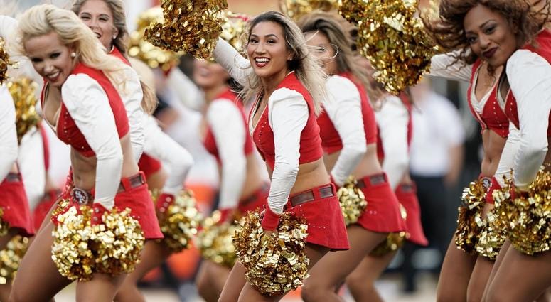 Nov 1, 2018; Santa Clara, CA, USA; San Francisco 49ers cheerleaders perform for the crowd before the game against the Oakland Raiders at Levi's Stadium. Mandatory Credit: Stan Szeto-USA TODAY Sports Nov 1, 2018; Santa Clara, CA, USA; San Francisco 49ers cheerleaders perform for the crowd before the game against the Oakland Raiders at Levi's Stadium. Mandatory Credit: Stan Szeto-USA TODAY Sports