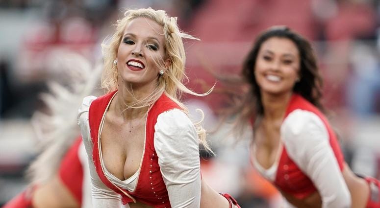 Nov 1, 2018; Santa Clara, CA, USA; San Francisco 49ers cheerleaders perform for the crowd before the game against the Oakland Raiders at Levi's Stadium. Mandatory Credit: Stan Szeto-USA TODAY Sports Nov 1, 2018; Santa Clara, CA, USA; San Francisco 49ers cheerleaders perform for the crowd before the game against the Oakland Raiders at Levi's Stadium. Mandatory Credit: Stan Szeto-USA TODAY Sports