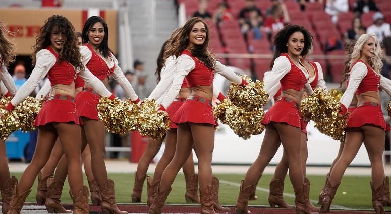 Nov 1, 2018; Santa Clara, CA, USA; San Francisco 49ers cheerleaders perform for the crowd before the game against the Oakland Raiders at Levi's Stadium. Mandatory Credit: Stan Szeto-USA TODAY Sports Nov 1, 2018; Santa Clara, CA, USA; San Francisco 49ers cheerleaders perform for the crowd before the game against the Oakland Raiders at Levi's Stadium. Mandatory Credit: Stan Szeto-USA TODAY Sports