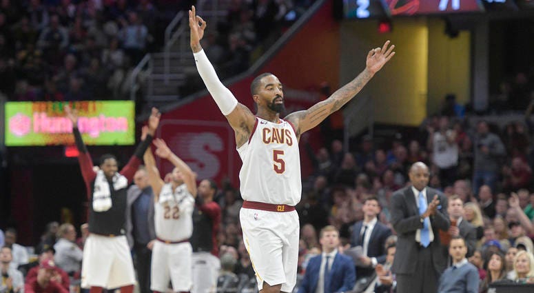 Nov 7, 2018; Cleveland, OH, USA; Cleveland Cavaliers guard JR Smith (5) celebrates in the fourth quarter against the Oklahoma City Thunder at Quicken Loans Arena. Mandatory Credit: David Richard-USA TODAY Sports Nov 7, 2018; Cleveland, OH, USA; Cleveland Cavaliers guard JR Smith (5) celebrates in the fourth quarter against the Oklahoma City Thunder at Quicken Loans Arena. Mandatory Credit: David Richard-USA TODAY Sports