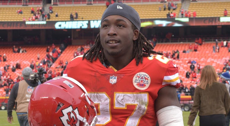 Kansas City Chiefs running back Kareem Hunt (27) leaves the field after the game against the Arizona Cardinals at Arrowhead Stadium. The Chiefs won 26-14.