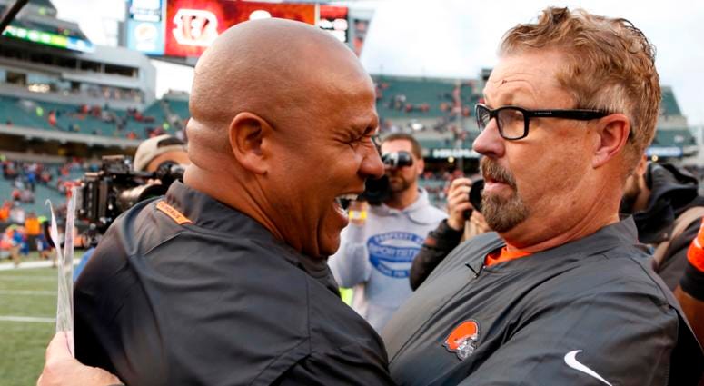 Cincinnati Bengals special assistant to the head coach Hue Jackson (left) talks with Cleveland Browns head coach Gregg Williams (right) after the Browns defeated the Bengals at Paul Brown Stadium. Cincinnati Bengals special assistant to the head coach Hue Jackson (left) talks with Cleveland Browns head coach Gregg Williams (right) after the Browns defeated the Bengals at Paul Brown Stadium.