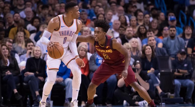 Nov 28, 2018; Oklahoma City, OK, USA; Oklahoma City Thunder guard Russell Westbrook (0) dribbles while defended by Cleveland Cavaliers guard Collin Sexton (2) during the second quarter at Chesapeake Energy Arena. Mandatory Credit: Rob Ferguson-USA TODAY S Nov 28, 2018; Oklahoma City, OK, USA; Oklahoma City Thunder guard Russell Westbrook (0) dribbles while defended by Cleveland Cavaliers guard Collin Sexton (2) during the second quarter at Chesapeake Energy Arena. Mandatory Credit: Rob Ferguson-USA TODAY S