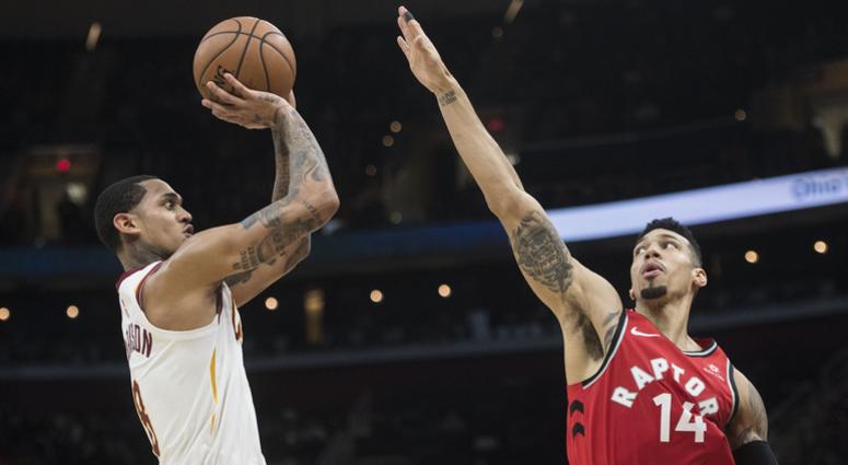Dec 1, 2018; Cleveland, OH, USA; Cleveland Cavaliers guard Jordan Clarkson (8) shoots over the defense of Toronto Raptors guard Danny Green (14) during the second half at Quicken Loans Arena. Mandatory Credit: Ken Blaze-USA TODAY Sports Dec 1, 2018; Cleveland, OH, USA; Cleveland Cavaliers guard Jordan Clarkson (8) shoots over the defense of Toronto Raptors guard Danny Green (14) during the second half at Quicken Loans Arena. Mandatory Credit: Ken Blaze-USA TODAY Sports
