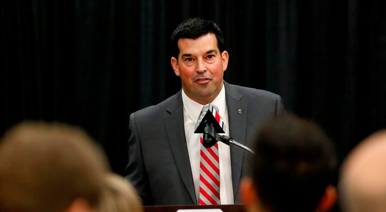 Dec 4, 2018; Columbus, OH, USA; Ohio State Buckeyes new head coach Ryan Day addresses members of the media during the press conference at the Ohio State University Fawcett Center. Mandatory Credit: Joe Maiorana-USA TODAY Sports Dec 4, 2018; Columbus, OH, USA; Ohio State Buckeyes new head coach Ryan Day addresses members of the media during the press conference at the Ohio State University Fawcett Center. Mandatory Credit: Joe Maiorana-USA TODAY Sports