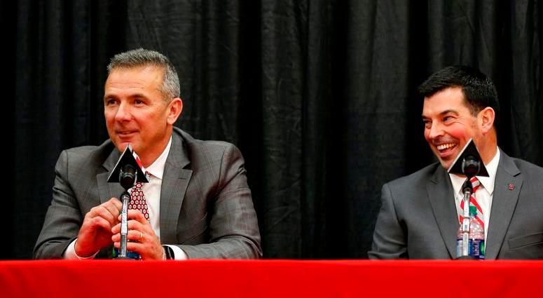 Dec 4, 2018; Columbus, OH, USA; Ohio State Buckeyes new head coach Ryan Day addresses members of the media during the press conference at the Ohio State University Fawcett Center. Mandatory Credit: Joe Maiorana-USA TODAY Sports Dec 4, 2018; Columbus, OH, USA; Ohio State Buckeyes new head coach Ryan Day addresses members of the media during the press conference at the Ohio State University Fawcett Center. Mandatory Credit: Joe Maiorana-USA TODAY Sports