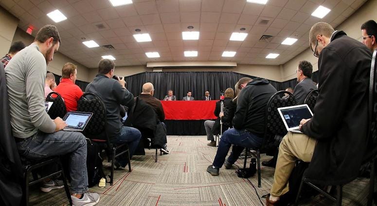 hio State Buckeyes head coach Urban Meyer (left) addresses members of the media to announce his intentions to step down from coaching after the Rose Bowl game. Meyer is pictured with newly named head coach Ryan Day during the press conference at the Ohio hio State Buckeyes head coach Urban Meyer (left) addresses members of the media to announce his intentions to step down from coaching after the Rose Bowl game. Meyer is pictured with newly named head coach Ryan Day during the press conference at the Ohio