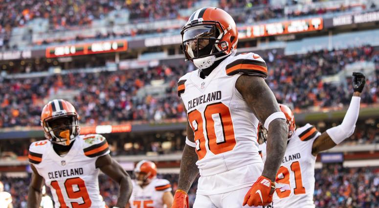 Cleveland Browns wide receiver Jarvis Landry (80) celebrates after scoring a touchdown against the Carolina Panthers during the first quarter at FirstEnergy Stadium.