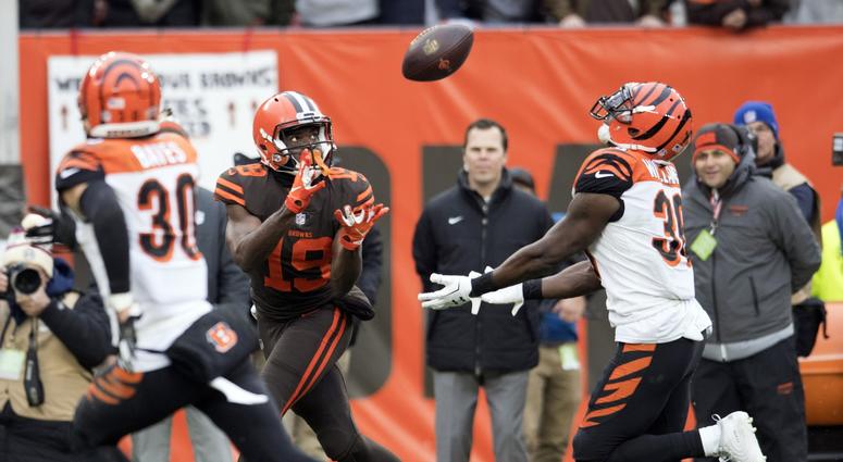 Dec 23, 2018; Cleveland, OH, USA; Cleveland Browns wide receiver Breshad Perriman (19) catches a pass as Cincinnati Bengals free safety Jessie Bates (30) and strong safety Shawn Williams (36) defend during the first half at FirstEnergy Stadium. Mandatory Dec 23, 2018; Cleveland, OH, USA; Cleveland Browns wide receiver Breshad Perriman (19) catches a pass as Cincinnati Bengals free safety Jessie Bates (30) and strong safety Shawn Williams (36) defend during the first half at FirstEnergy Stadium. Mandatory