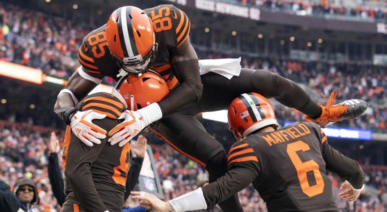 Dec 23, 2018; Cleveland, OH, USA; Cleveland Browns tight end Darren Fells (88) gets congratulated by quarterback Baker Mayfield (6) as tight end David Njoku (85) jumps on top of them during the second quarter against the Cincinnati Bengals at FirstEnergy Dec 23, 2018; Cleveland, OH, USA; Cleveland Browns tight end Darren Fells (88) gets congratulated by quarterback Baker Mayfield (6) as tight end David Njoku (85) jumps on top of them during the second quarter against the Cincinnati Bengals at FirstEnergy