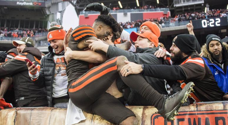 Cleveland Browns wide receiver Rashard Higgins (81) celebrates with fans after the Browns beat the Cincinnati Bengals at FirstEnergy Stadium. Cleveland Browns wide receiver Rashard Higgins (81) celebrates with fans after the Browns beat the Cincinnati Bengals at FirstEnergy Stadium.