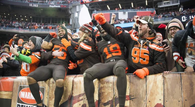 Dec 23, 2018; Cleveland, OH, USA; Cleveland Browns linebacker Xavier Woodson-Luster (56) and wide receiver Breshad Perriman (19) celebrate with fans after the Browns beat the Cincinnati Bengals at FirstEnergy Stadium. Mandatory Credit: Ken Blaze-USA TODAY Dec 23, 2018; Cleveland, OH, USA; Cleveland Browns linebacker Xavier Woodson-Luster (56) and wide receiver Breshad Perriman (19) celebrate with fans after the Browns beat the Cincinnati Bengals at FirstEnergy Stadium. Mandatory Credit: Ken Blaze-USA TODAY