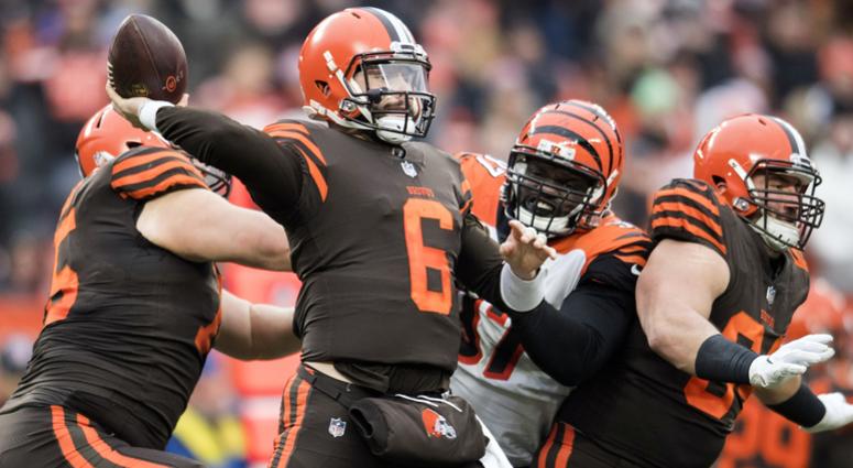 Dec 23, 2018; Cleveland, OH, USA; Cleveland Browns quarterback Baker Mayfield (6) throws a pass as Cincinnati Bengals defensive tackle Geno Atkins (97) rushes during the second half at FirstEnergy Stadium. Mandatory Credit: Ken Blaze-USA TODAY Sports Dec 23, 2018; Cleveland, OH, USA; Cleveland Browns quarterback Baker Mayfield (6) throws a pass as Cincinnati Bengals defensive tackle Geno Atkins (97) rushes during the second half at FirstEnergy Stadium. Mandatory Credit: Ken Blaze-USA TODAY Sports