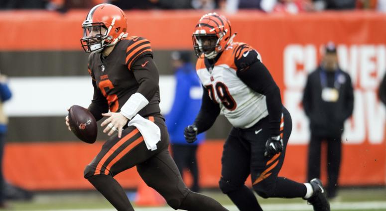 Dec 23, 2018; Cleveland, OH, USA; Cleveland Browns quarterback Baker Mayfield (6) scrambles as Cincinnati Bengals defensive end Christian Ringo (79) pursues during the second half at FirstEnergy Stadium. Mandatory Credit: Ken Blaze-USA TODAY Sports Dec 23, 2018; Cleveland, OH, USA; Cleveland Browns quarterback Baker Mayfield (6) scrambles as Cincinnati Bengals defensive end Christian Ringo (79) pursues during the second half at FirstEnergy Stadium. Mandatory Credit: Ken Blaze-USA TODAY Sports