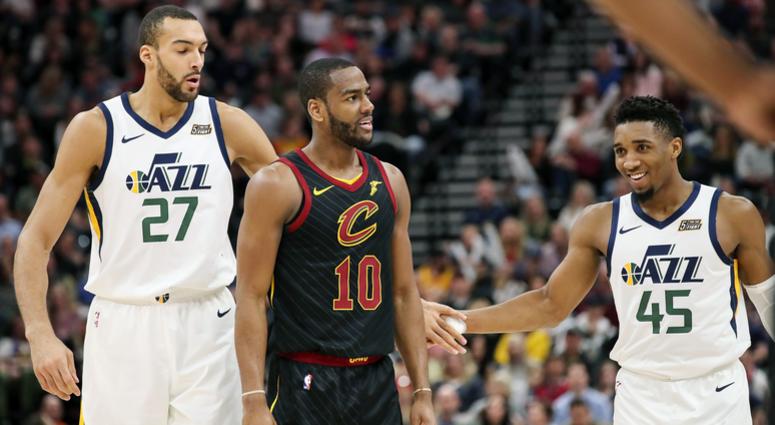 Jan 18, 2019; Salt Lake City, UT, USA; Utah Jazz center Rudy Gobert (27) congratulates guard Donovan Mitchell (45) for getting Cleveland Cavaliers guard Alec Burks (10) to foul Mitchell while shooting during the second quarter at Vivint Smart Home Arena. Jan 18, 2019; Salt Lake City, UT, USA; Utah Jazz center Rudy Gobert (27) congratulates guard Donovan Mitchell (45) for getting Cleveland Cavaliers guard Alec Burks (10) to foul Mitchell while shooting during the second quarter at Vivint Smart Home Arena.