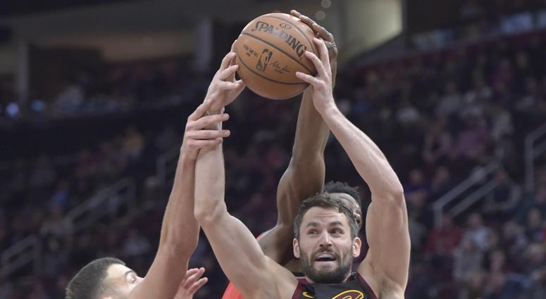 Mar 11, 2019; Cleveland, OH, USA; Cleveland Cavaliers forward Kevin Love (right) rebounds in the second quarter against the Toronto Raptors at Quicken Loans Arena. Mandatory Credit: David Richard-USA TODAY Sports Mar 11, 2019; Cleveland, OH, USA; Cleveland Cavaliers forward Kevin Love (right) rebounds in the second quarter against the Toronto Raptors at Quicken Loans Arena. Mandatory Credit: David Richard-USA TODAY Sports