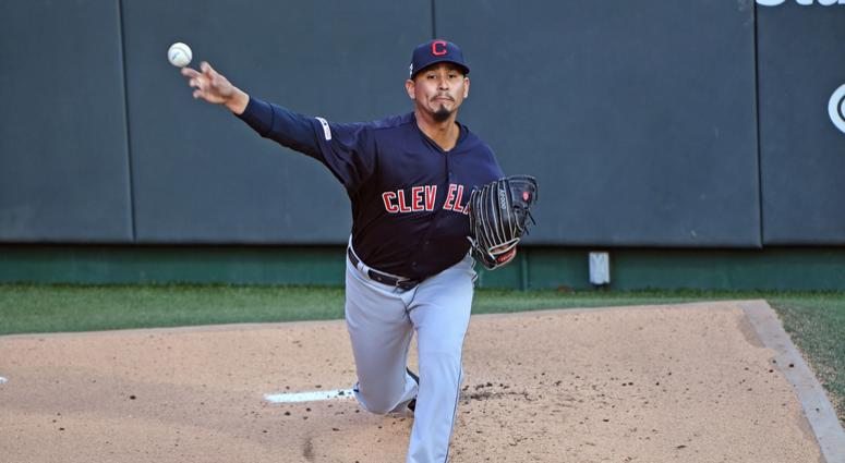 Apr 12, 2019; Kansas City, MO, USA; Cleveland Indians starting pitcher Carlos Carrasco (59) warms up prior to his start against the Kansas City Royals at Kauffman Stadium. Mandatory Credit: Peter G. Aiken/USA TODAY Sports Apr 12, 2019; Kansas City, MO, USA; Cleveland Indians starting pitcher Carlos Carrasco (59) warms up prior to his start against the Kansas City Royals at Kauffman Stadium. Mandatory Credit: Peter G. Aiken/USA TODAY Sports