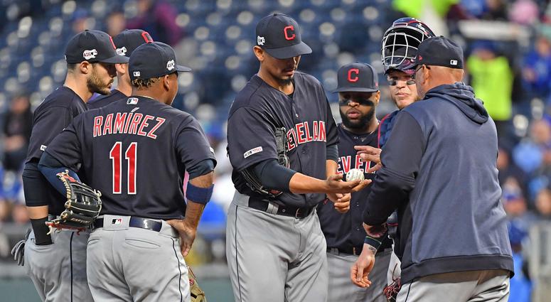 Cleveland Indians starting pitcher Carlos Carrasco (59) gets taken out of the game by Cleveland Indians manager Terry Francona (77)during the first inning against the Kansas City Royals at Kauffman Stadium. Cleveland Indians starting pitcher Carlos Carrasco (59) gets taken out of the game by Cleveland Indians manager Terry Francona (77)during the first inning against the Kansas City Royals at Kauffman Stadium.