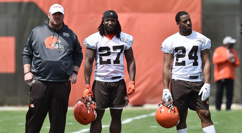 Cleveland Browns head coach Freddie Kitchens (left) and running back Kareem Hunt (27) and running back Nick Chubb (24) during organized team activities at the Cleveland Browns training facility. Cleveland Browns head coach Freddie Kitchens (left) and running back Kareem Hunt (27) and running back Nick Chubb (24) during organized team activities at the Cleveland Browns training facility.