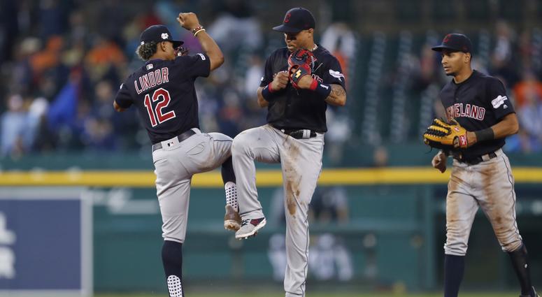 Cleveland Indians center fielder Leonys Martin (2) celebrates with shortstop Francisco Lindor (12) after the game against the Detroit Tigers at Comerica Park. Cleveland Indians center fielder Leonys Martin (2) celebrates with shortstop Francisco Lindor (12) after the game against the Detroit Tigers at Comerica Park.