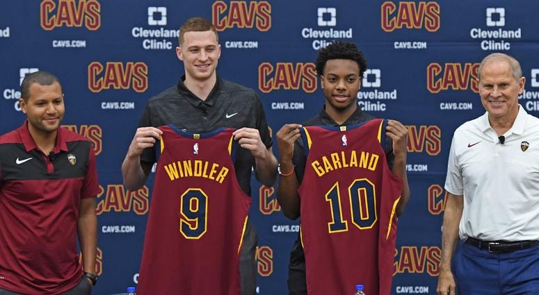 Jun 21, 2019; Independence, OH, USA; Cleveland Cavaliers first round draft picks Dylan Windler and Darius Garland show off their jerseys with General Manager Koby Altman and head coach John Beilein during a press conference at Cleveland Clinic Courts.