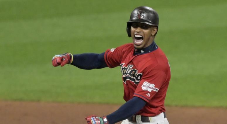 Aug 13, 2019; Cleveland, OH, USA; Cleveland Indians shortstop Francisco Lindor (12) reacts after hitting an RBI double in the ninth inning against the Boston Red Sox at Progressive Field. Mandatory Credit: David Richard-USA TODAY Sports Aug 13, 2019; Cleveland, OH, USA; Cleveland Indians shortstop Francisco Lindor (12) reacts after hitting an RBI double in the ninth inning against the Boston Red Sox at Progressive Field. Mandatory Credit: David Richard-USA TODAY Sports