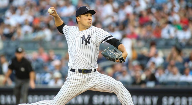Aug 16, 2019; Bronx, NY, USA; New York Yankees pitcher Masahiro Tanaka (19) pitches in the first inning against the Cleveland Indians at Yankee Stadium. Mandatory Credit: Wendell Cruz-USA TODAY Sports Aug 16, 2019; Bronx, NY, USA; New York Yankees pitcher Masahiro Tanaka (19) pitches in the first inning against the Cleveland Indians at Yankee Stadium. Mandatory Credit: Wendell Cruz-USA TODAY Sports