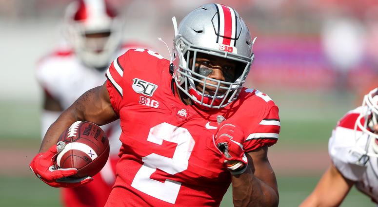 Sep 21, 2019; Columbus, OH, USA; Ohio State Buckeyes running back J.K. Dobbins (2) rushes for a touchdown during the first quarter against the Miami (Oh) Redhawks at Ohio Stadium Ohio State Buckeyes running back J.K. Dobbins