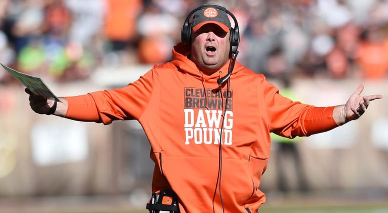 Oct 13, 2019; Cleveland, OH, USA; Cleveland Browns head coach Freddie Kitchens appeals to the referees during the second half against the Seattle Seahawks at FirstEnergy Stadium. Cleveland Browns head coach Freddie Kitchens