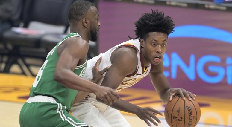 Boston Celtics guard Kemba Walker (8) defends Cleveland Cavaliers guard Collin Sexton (2) in the first quarter at Rocket Mortgage FieldHouse. Boston Celtics guard Kemba Walker (8) defends Cleveland Cavaliers guard Collin Sexton (2) in the first quarter at Rocket Mortgage FieldHouse.