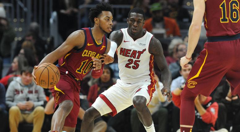 Cleveland Cavaliers guard Darius Garland (10) moves the ball against Miami Heat guard Kendrick Nunn (25) during the first quarter at Rocket Mortgage FieldHouse. Cleveland Cavaliers guard Darius Garland (10) moves the ball against Miami Heat guard Kendrick Nunn (25) during the first quarter at Rocket Mortgage FieldHouse.