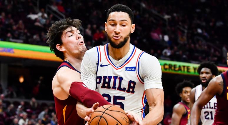 Nov 17, 2019; Cleveland, OH, USA; Cleveland Cavaliers forward Cedi Osman (left) battles Philadelphia 76ers guard Ben Simmons (25) for the ball during the first half at Rocket Mortgage FieldHouse. Mandatory Credit: Ken Blaze-USA TODAY Sports Nov 17, 2019; Cleveland, OH, USA; Cleveland Cavaliers forward Cedi Osman (left) battles Philadelphia 76ers guard Ben Simmons (25) for the ball during the first half at Rocket Mortgage FieldHouse. Mandatory Credit: Ken Blaze-USA TODAY Sports