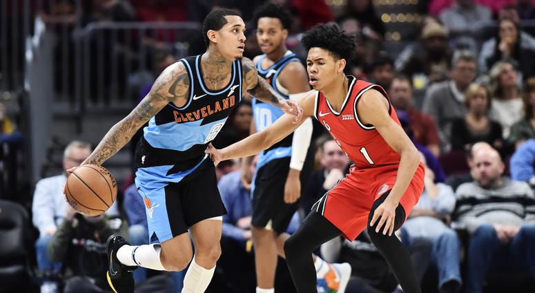 Nov 23, 2019; Cleveland, OH, USA; Portland Trail Blazers guard Anfernee Simons (1) defends Cleveland Cavaliers guard Jordan Clarkson (8) during the second half at Rocket Mortgage FieldHouse. Mandatory Credit: Ken Blaze-USA TODAY Sports Nov 23, 2019; Cleveland, OH, USA; Portland Trail Blazers guard Anfernee Simons (1) defends Cleveland Cavaliers guard Jordan Clarkson (8) during the second half at Rocket Mortgage FieldHouse. Mandatory Credit: Ken Blaze-USA TODAY Sports
