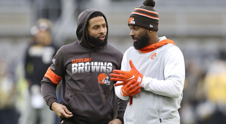 Cleveland Browns wide receivers Odell Beckham (left) and Jarvis Landry (right) talk on the field before playing the Pittsburgh Steelers at Heinz Field. Jarvis Landry Odell Beckham Jr. Cleveland Browns Pittsburgh Steelers