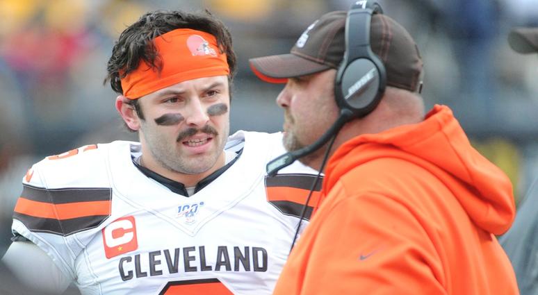 Dec 1, 2019; Pittsburgh, PA, USA; Cleveland Browns quarterback Baker Mayfield (6) talks with head coach Freddie Kitchens during a challenged call against the Pittsburgh Steelers during the first quarter at Heinz Field. Mandatory Credit:Philip G. Pavely-U Dec 1, 2019; Pittsburgh, PA, USA; Cleveland Browns quarterback Baker Mayfield (6) talks with head coach Freddie Kitchens during a challenged call against the Pittsburgh Steelers during the first quarter at Heinz Field. Mandatory Credit: Philip G. Pavely-U