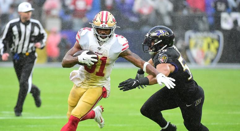 Dec 1, 2019; Baltimore, MD, USA; San Francisco 49ers running back Raheem Mostert (31) runs with the ball while being pursued by Baltimore Ravens linebacker L.J. Fort (58) in the second quarter at M&T Bank Stadium. Mandatory Credit: Evan Habeeb-USA TODAY S Dec 1, 2019; Baltimore, MD, USA; San Francisco 49ers running back Raheem Mostert (31) runs with the ball while being pursued by Baltimore Ravens linebacker L.J. Fort (58) in the second quarter at M&T Bank Stadium. Mandatory Credit: Evan Habeeb-USA TODAY S