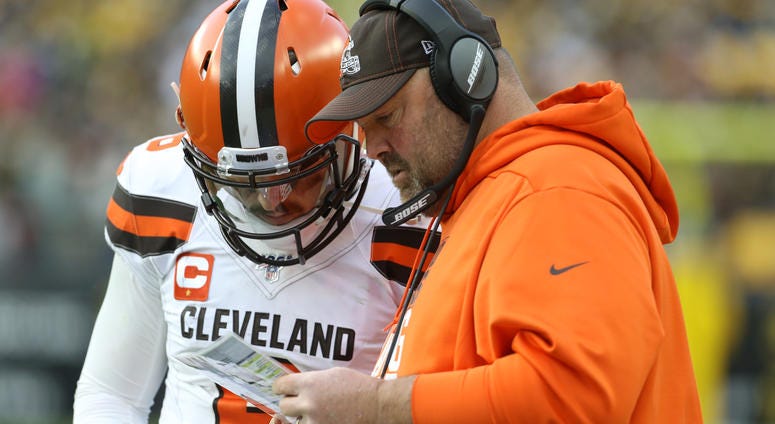 Cleveland Browns quarterback Baker Mayfield (6) and head coach Freddie Kitchens look over a play chart on the sidelines against the Pittsburgh Steelers during the fourth quarter at Heinz Field. The Steelers won 20-13. Freddie Kitchens Baker Mayfield Cleveland Browns Pittsburgh Steelers