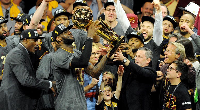 Cleveland Cavaliers forward LeBron James (23) celebratew with the Larry O'Brien Championship Trophy after beating the Golden State Warriors in game seven of the NBA Finals at Oracle Arena. Cleveland Cavaliers forward LeBron James (23) celebratew with the Larry O'Brien Championship Trophy after beating the Golden State Warriors in game seven of the NBA Finals at Oracle Arena.