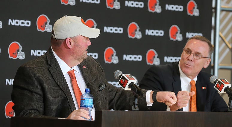 New Cleveland Browns head coach Freddie Kitchens fist bumps General Manager John Dorsey during a press conference on Monday, Jan. 14, 2019 at FirstEnergy Stadium in Cleveland, Ohio. (Photo by Phil Masturzo/Akron Beacon Journal/TNS/Sipa USA) New Cleveland Browns head coach Freddie Kitchens fist bumps General Manager John Dorsey during a press conference on Monday, Jan. 14, 2019 at FirstEnergy Stadium in Cleveland, Ohio. (Photo by Phil Masturzo/Akron Beacon Journal/TNS/Sipa USA)