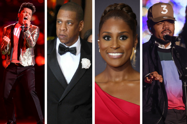 Bruno Mars, JAY-Z, Issa Rae, Chance the Rapper. Bruno Mars, JAY-Z, Issa Rae, Chance the Rapper.