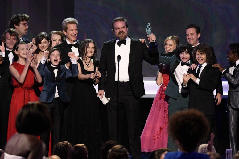 David Harbour speaks as cast members of Stranger Things (Netflix) accept the award for Outstanding Performance by an Ensemble in a Drama Series during the 23rd Annual Screen Actors Guild Awards David Harbour speaks as cast members of Stranger Things (Netflix) accept the award for Outstanding Performance by an Ensemble in a Drama Series during the 23rd Annual Screen Actors Guild Awards
