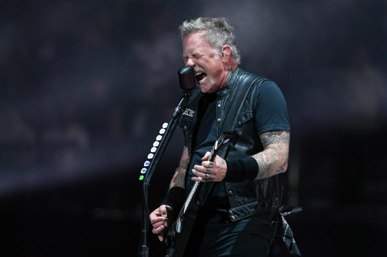 Singer/guitarist James Hetfield of Metallica performs during a stop of the band's WorldWired Tour on November 26, 2018 Singer/guitarist James Hetfield of Metallica performs during a stop of the band's WorldWired Tour on November 26, 2018