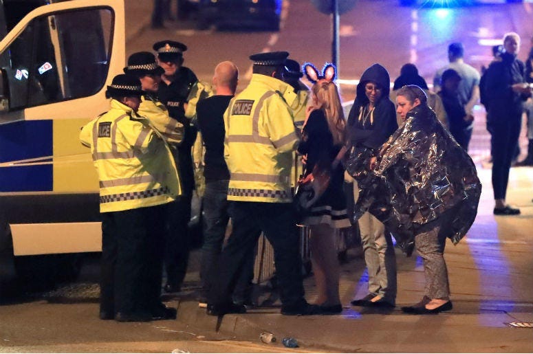 Police at Manchester Arena after reports of an explosion at the venue during an Ariana Grande concert. Police at Manchester Arena after reports of an explosion at the venue during an Ariana Grande concert.