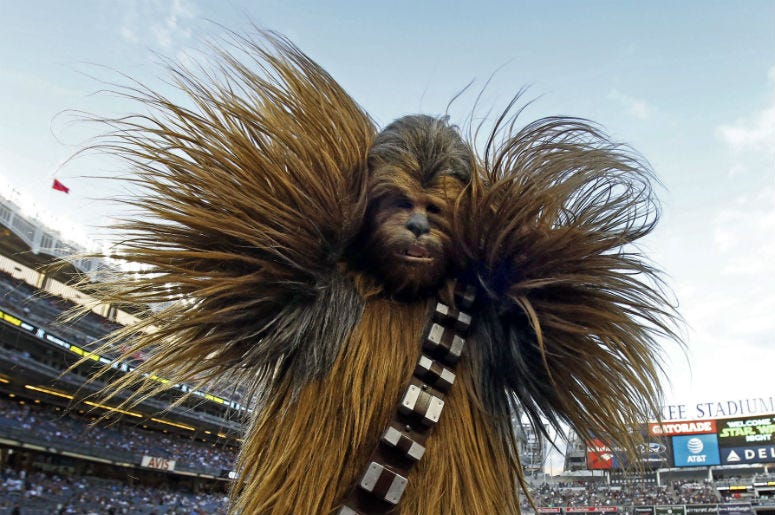 Chewbacca participates in "Star Wars" night prior to the Seattle Mariners taking on the New York Yankees at Yankee Stadium Chewbacca participates in "Star Wars" night prior to the Seattle Mariners taking on the New York Yankees at Yankee Stadium