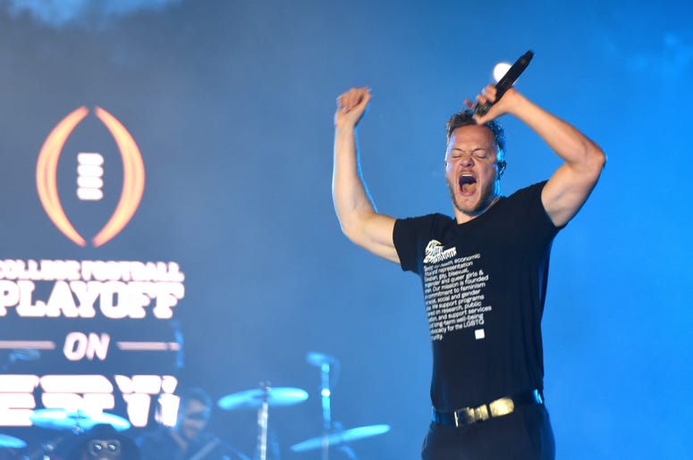 Dan Reynolds of Imagine Dragons performs during the 2019 College Football Playoff National Championship Game Halftime Show Dan Reynolds of Imagine Dragons performs during the 2019 College Football Playoff National Championship Game Halftime Show