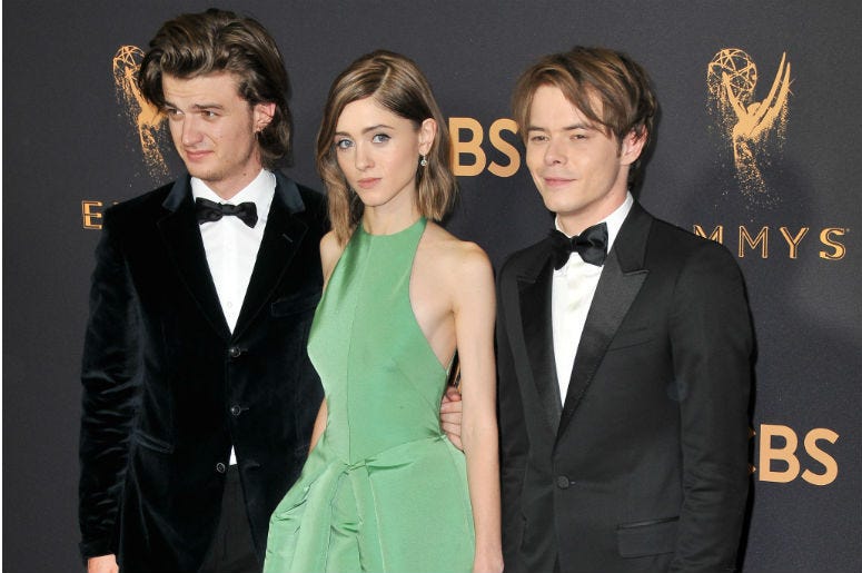 (L-R) Actors Joe Keery, Natalia Dyer and Charlie Heaton at the 69th Annual Emmy Awards held at the Microsoft Theater on September 17, 2017 in Los Angeles, CA, USA (L-R) Actors Joe Keery, Natalia Dyer and Charlie Heaton at the 69th Annual Emmy Awards held at the Microsoft Theater on September 17, 2017 in Los Angeles, CA, USA