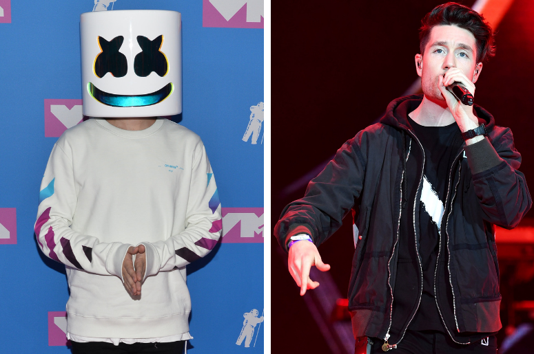 Marshmello | Dan Smith Marshmello Face walking on the red carpet at The 2018 MTV Video Music Awards held at Radio City Music Hall. / Dan Smith from Bastille on stage with Coca-Cola.