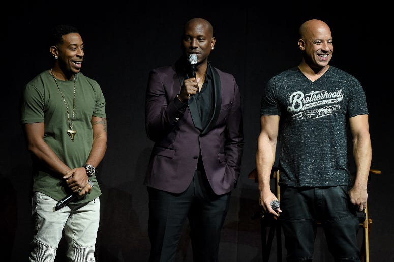 Ludacris, Tyrese Gibson, and Vin Diesel. Ludacris, Tyrese Gibson, and Vin Diesel onstage at the CinemaCon 2017 Universal Pictures presentation.