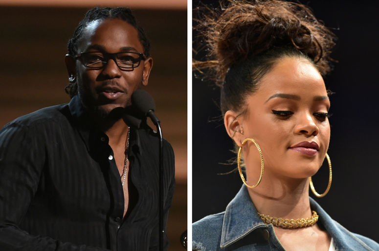 Kendrick Lamar accepts Best Rap Album during the 58th Grammy Awards at the Staples Center / Rihanna during the first quarter of the 2015 NBA All-Star Game at Madison Square Garden. Kendrick Lamar accepts Best Rap Album during the 58th Grammy Awards at the Staples Center / Rihanna during the first quarter of the 2015 NBA All-Star Game at Madison Square Garden.